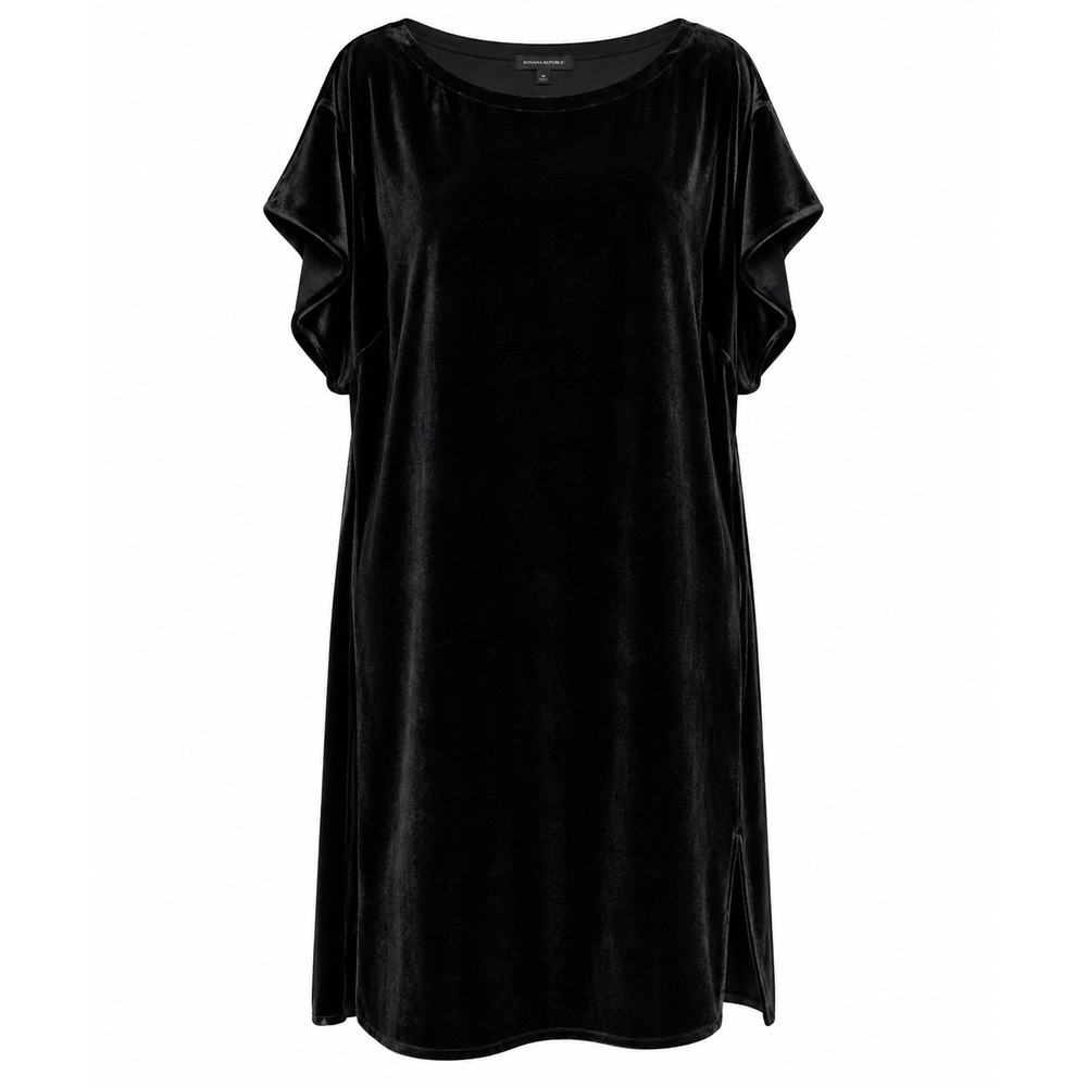 Eileen Fisher Womens Dress M Silk Velvet Black Short Sleeve Shift Side Slit Luxe